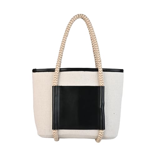 ENSAC Women’s Canvas Tote Bag with Rope Handles & Faux Leather Pocket – Large Stylish Shoulder Bag for Work, Shopping & Travel - Image 1