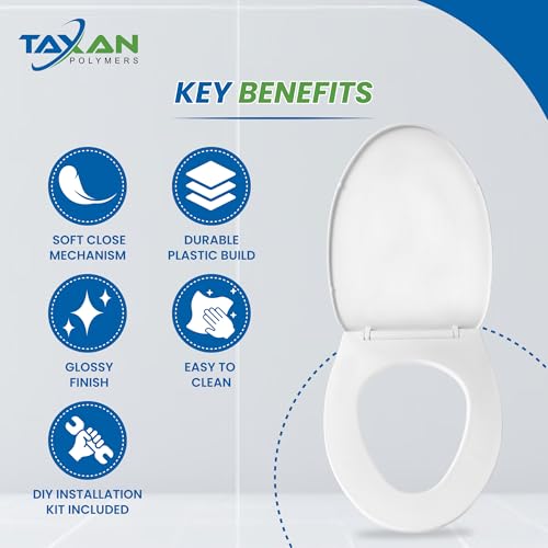 TAXAN POLYMERS TAXAN Sharp Oval Toilet Seat Cover (44.5cm x 34.5 cm) | Hydraulic Soft Close Mechanism | Heavy Duty Polypropylene Western Commode Seat with DIY Installation Kit | Glossy White Finish - Image 3
