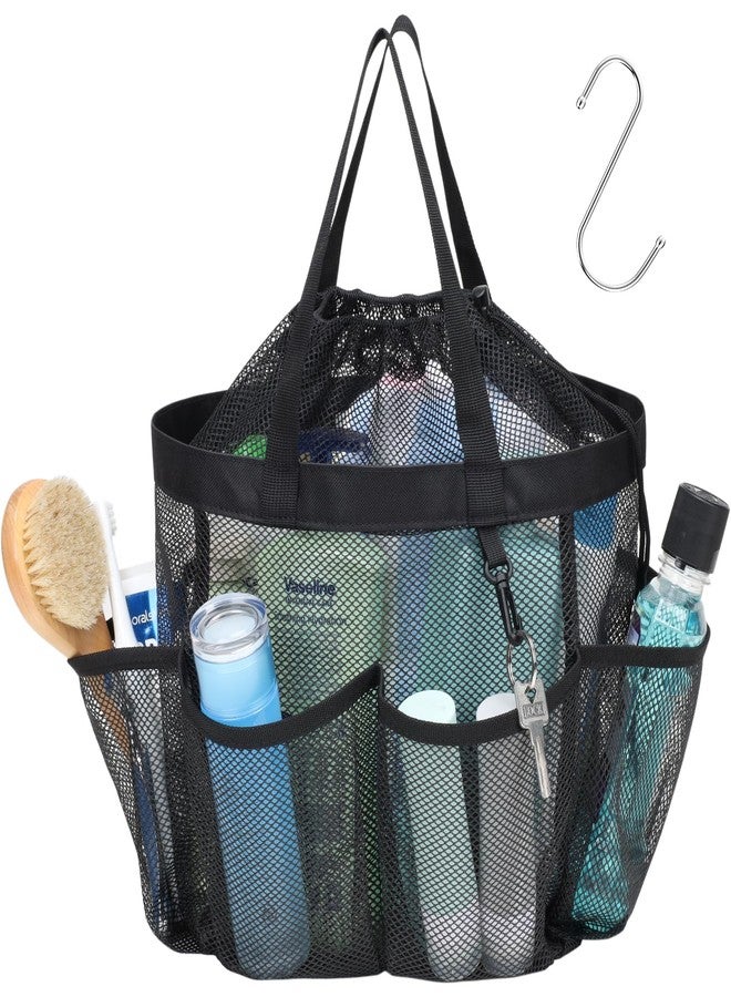 F-color Mesh Shower Caddy Portable with Drawstring - Upgrade Deeper 7 Pockets Dorm Room Essentials for Guys Girls with S Hook, Shower Bag Basket Tote for College Camping Toiletry Bathroom, Black - Image 1