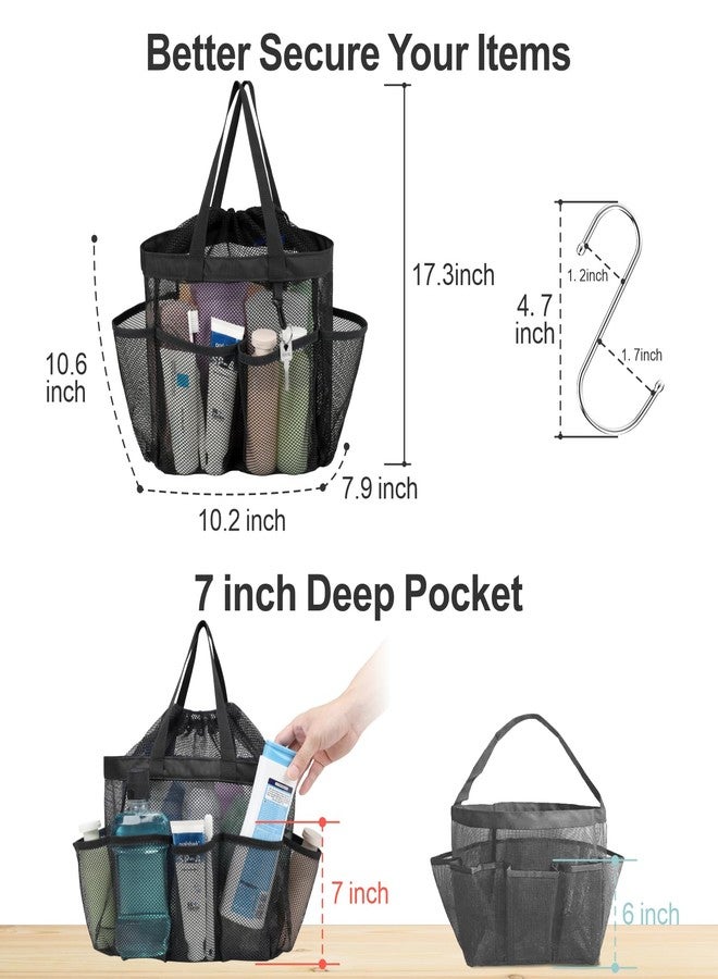 F-color Mesh Shower Caddy Portable with Drawstring - Upgrade Deeper 7 Pockets Dorm Room Essentials for Guys Girls with S Hook, Shower Bag Basket Tote for College Camping Toiletry Bathroom, Black - Image 3