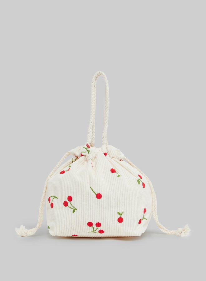 Styli Cherry Print Corduroy Drawstring Bag - Image 3