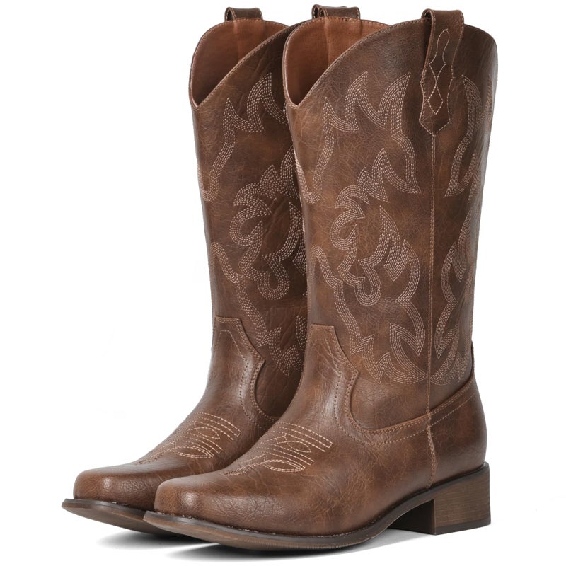 IUV Cowboy Boots For Women Square Toe Wide Cowgirl Mid Calf Western Pull On Fashion Cowboy Boots - Image 1