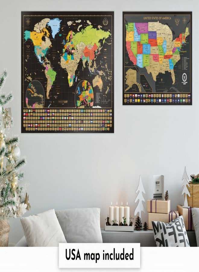 W WANDERLUST MAPS Two Scratch-Off Maps: World Map 17x24" + USA Map - Deluxe Travel Posters - Colorful Countries, US States, and Flags - Easy Scratch-Off Maps with Accessories for Travel Lovers - Name Tag Gift Box - Image 2
