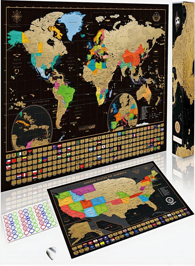 W WANDERLUST MAPS Two Scratch-Off Maps: World Map 17x24" + USA Map - Deluxe Travel Posters - Colorful Countries, US States, and Flags - Easy Scratch-Off Maps with Accessories for Travel Lovers - Name Tag Gift Box - Image 1