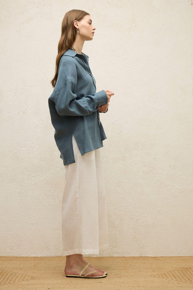 Manuka Linen Oversized Button-Up Shirt Indigo  - Image 1
