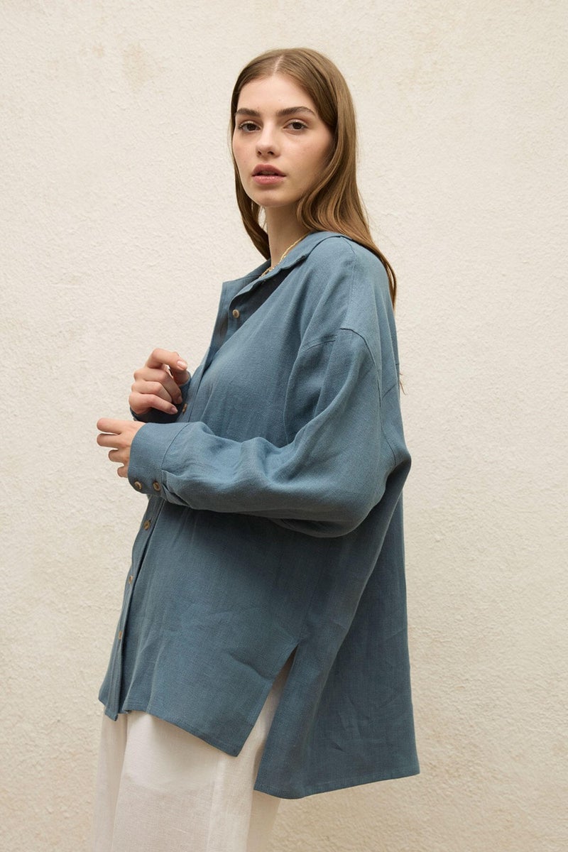 Manuka Linen Oversized Button-Up Shirt Indigo  - Image 5