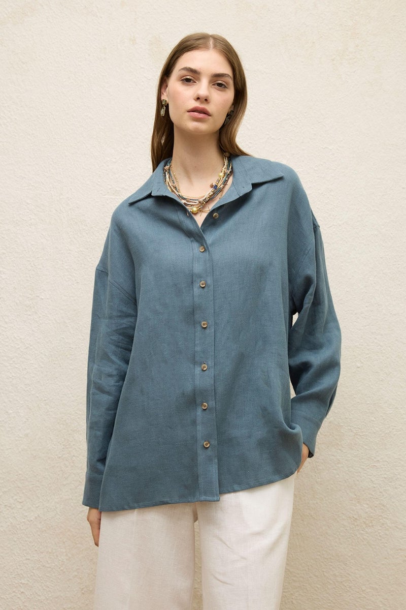 Manuka Linen Oversized Button-Up Shirt Indigo  - Image 3