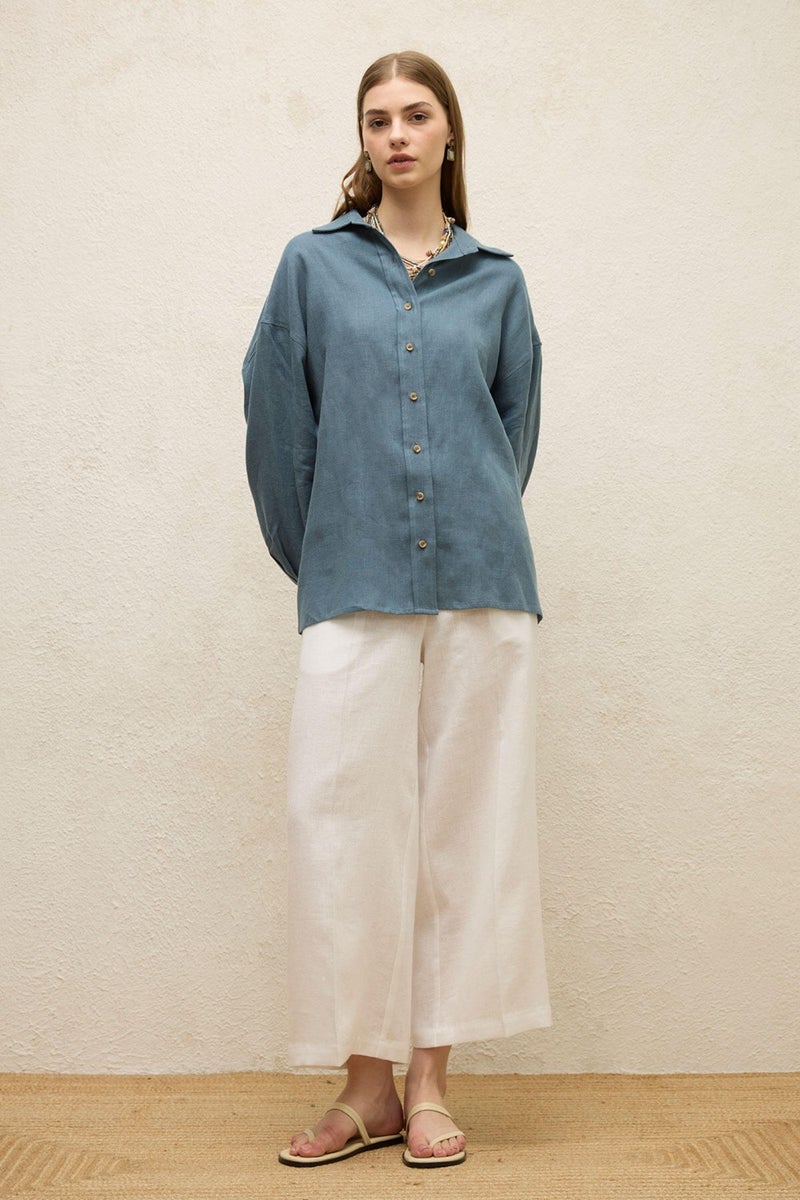 Manuka Linen Oversized Button-Up Shirt Indigo  - Image 2