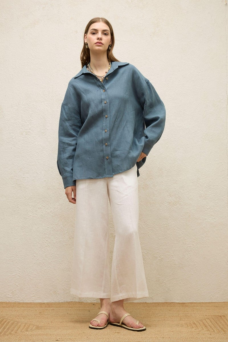 Manuka Linen Oversized Button-Up Shirt Indigo  - Image 4