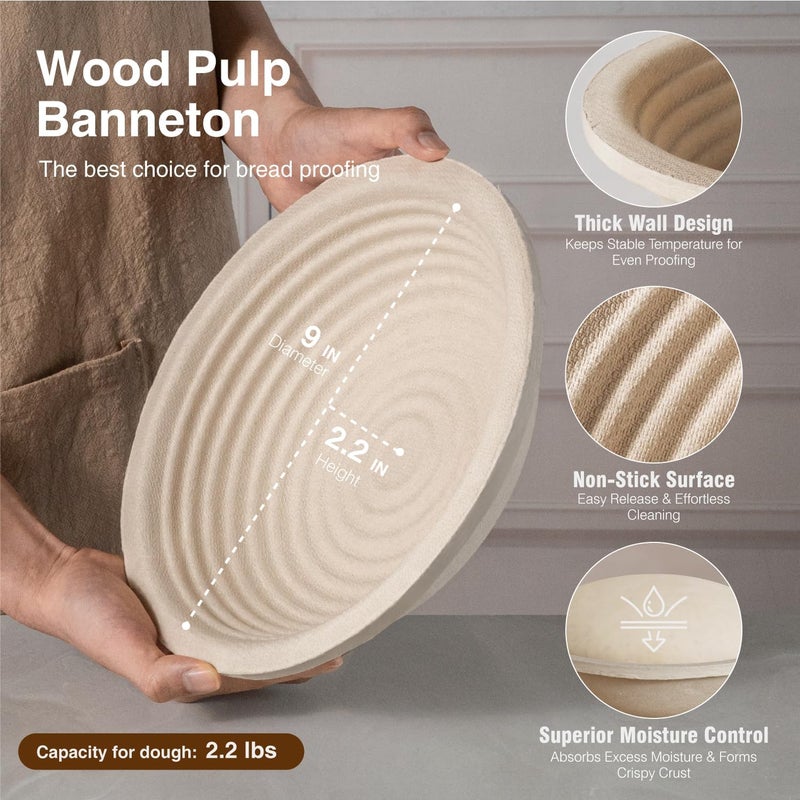BAVIFY Wood Pulp Banneton Bread Proofing Basket Set, 9" 2.2LB Round Sourdough Banneton Basket Kit, Sourdough Bread Making Tool Baking Supplies with Proofing Bowl, Cover, Dough Whisk, Lame, Scraper - Image 2