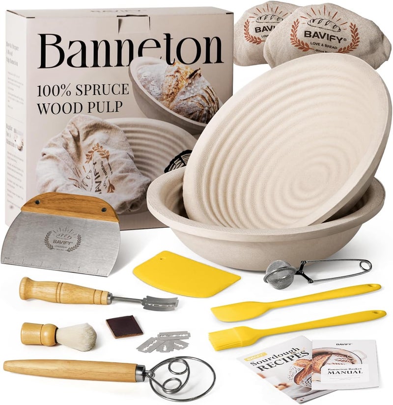 BAVIFY Wood Pulp Banneton Bread Proofing Basket Set, 9" 2.2LB Round Sourdough Banneton Basket Kit, Sourdough Bread Making Tool Baking Supplies with Proofing Bowl, Cover, Dough Whisk, Lame, Scraper - Image 1