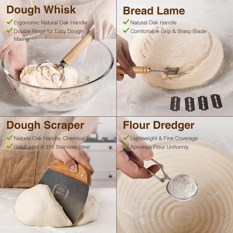 BAVIFY Wood Pulp Banneton Bread Proofing Basket Set, 9" 2.2LB Round Sourdough Banneton Basket Kit, Sourdough Bread Making Tool Baking Supplies with Proofing Bowl, Cover, Dough Whisk, Lame, Scraper - Image 4