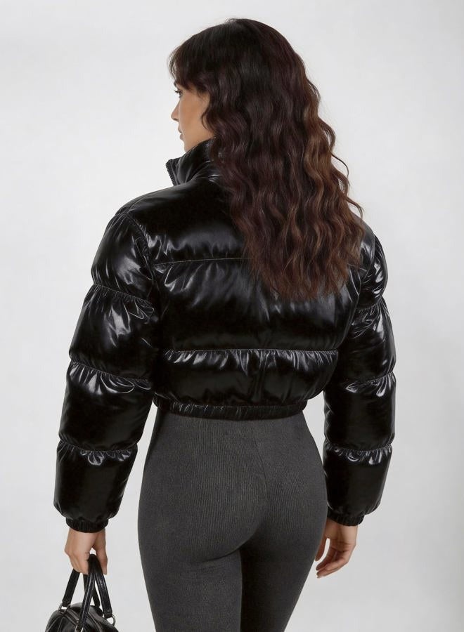 Flygo Women's Metallic Shiny Cropped Quilted Puffer Jacket - Zip Up Padded Down Coat Outerwear(Black-XS), Black, XS - Image 3