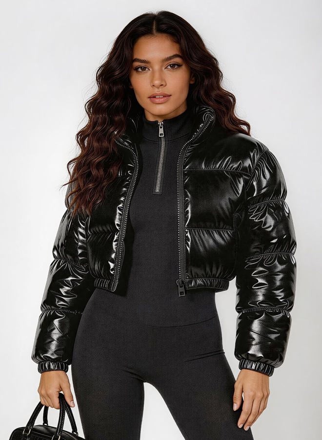 Flygo Women's Metallic Shiny Cropped Quilted Puffer Jacket - Zip Up Padded Down Coat Outerwear(Black-XS), Black, XS - Image 4