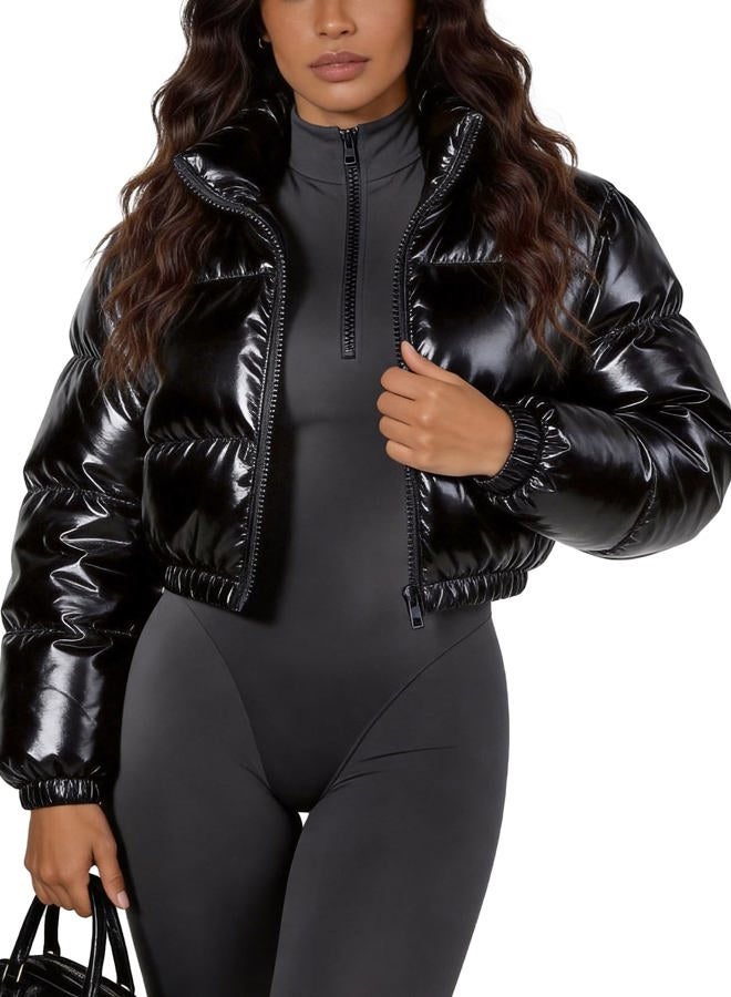 Flygo Women's Metallic Shiny Cropped Quilted Puffer Jacket - Zip Up Padded Down Coat Outerwear(Black-XS), Black, XS - Image 1