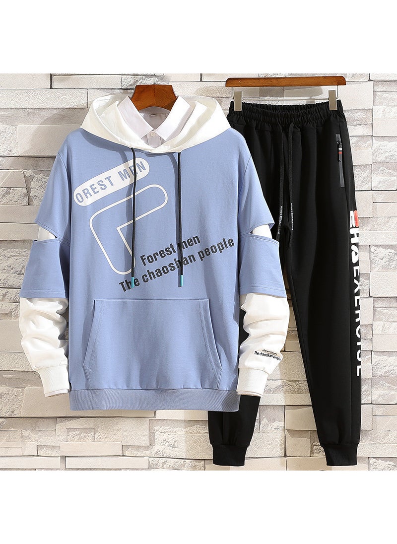 Generic - Mens 2020 Fall Casual Hoodie Trendy Sportswear Set Y01 suit light blue - Image 1