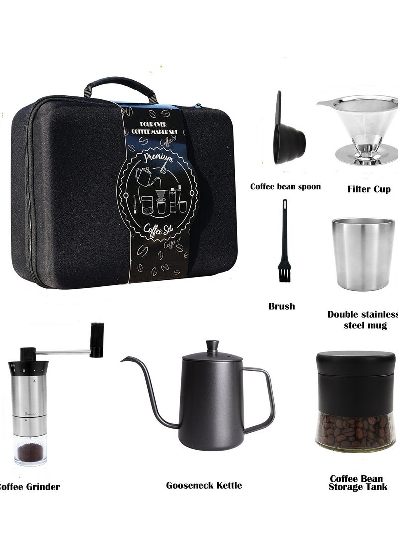 Pour Over Coffee Maker Set All in 1 Total 7 Coffee Kits- 304 Stainless Steel Kettle with Thermometer Coffee Grinder Coffee Dripper & Server of Portable Travel Bag For Outdoor Camping - Image 1