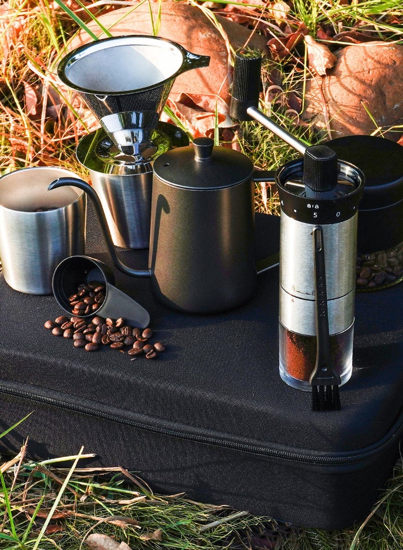 Pour Over Coffee Maker Set All in 1 Total 7 Coffee Kits- 304 Stainless Steel Kettle with Thermometer Coffee Grinder Coffee Dripper & Server of Portable Travel Bag For Outdoor Camping - Image 5
