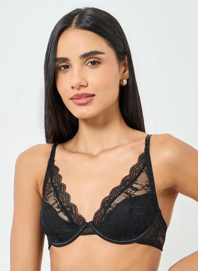 Take Two Black Solid Lace Patchwork Padded Wired Bra