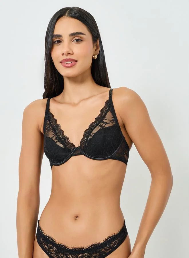 Take Two Black Solid Lace Patchwork Padded Wired Bra