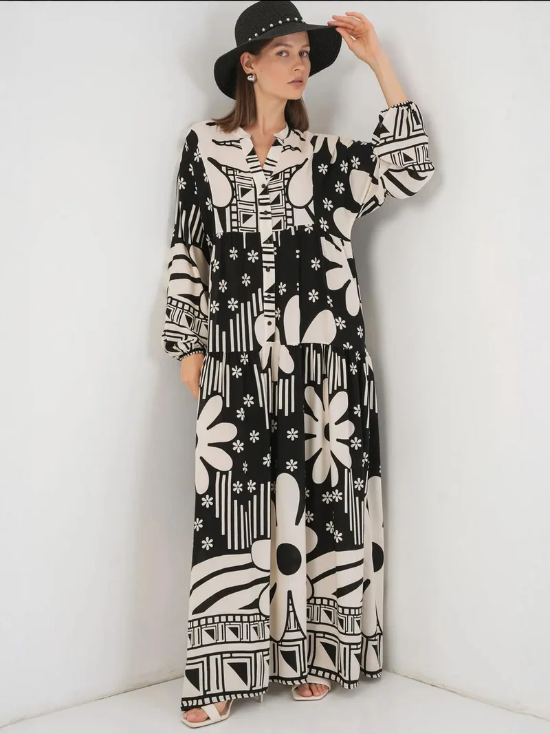 بيغ دارت فستان ماكسي مطبوع بياقة على شكل حرف  وأزرار