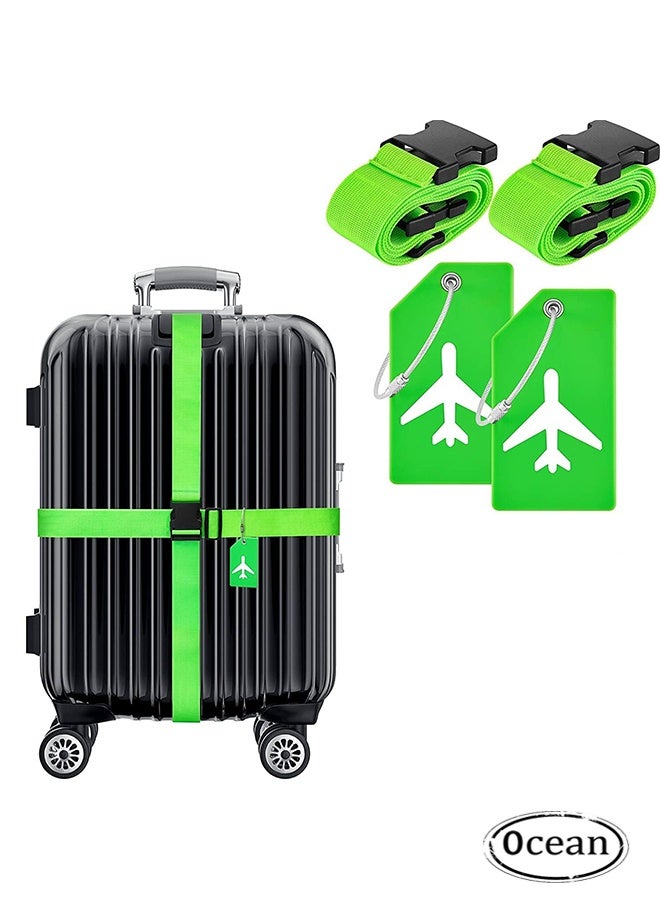 Ocean Luggage Straps Set, 2 Pcs Travel Suitcase Straps with 2 Pcs Silicone Luggage Tags, Adjustable Suitcase Belts, Suitcase Tags with Name ID Card for Luggage Suitcase Travel Accessories (Green) - Image 1