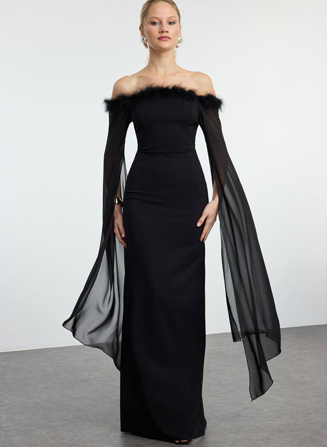 trendyol Black Sleeve Detail Otrish Long Stylish Evening Dress Night Graduation - Image 1