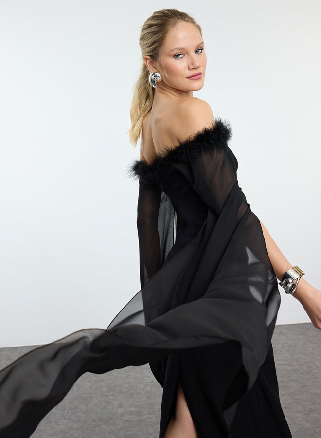 trendyol Black Sleeve Detail Otrish Long Stylish Evening Dress Night Graduation - Image 2