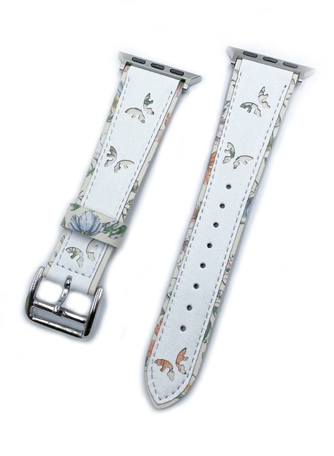 Beauenty For apple iWatch 6/7/8 Watch with Butterfly print Leather strap 38/40/41mm White