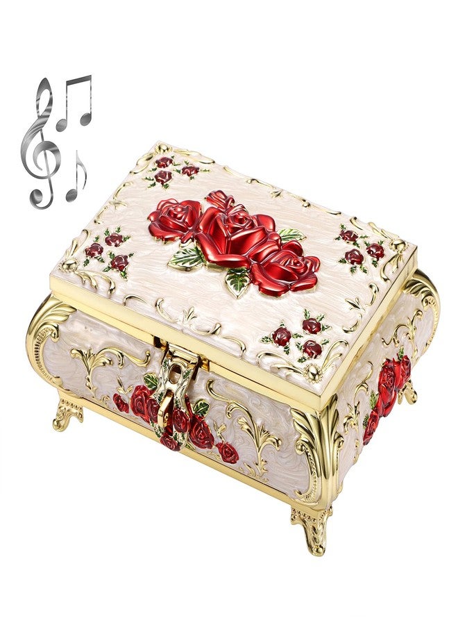 ELLDOO Vintage Music Box, Beige Metal Musical Jewelry Box Keepsake Box, Small Trinket Jewelry Storage Box Gift for Girl Women (Tune: You are My Sunshine), Red Rose Pattern, Large - Image 1