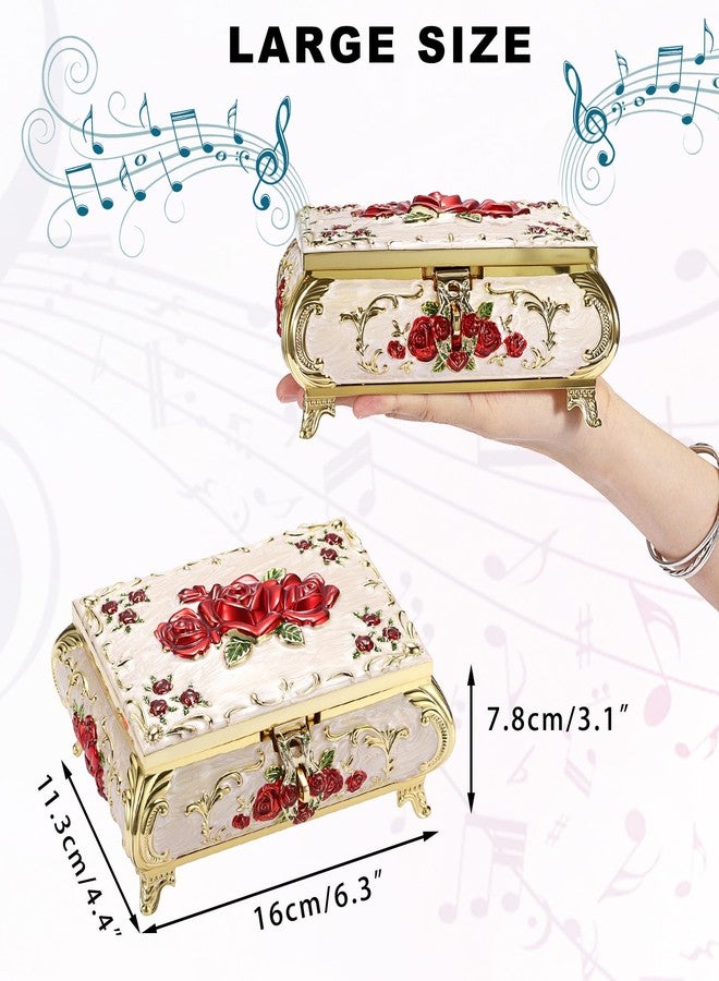 ELLDOO Vintage Music Box, Beige Metal Musical Jewelry Box Keepsake Box, Small Trinket Jewelry Storage Box Gift for Girl Women (Tune: You are My Sunshine), Red Rose Pattern, Large - Image 2