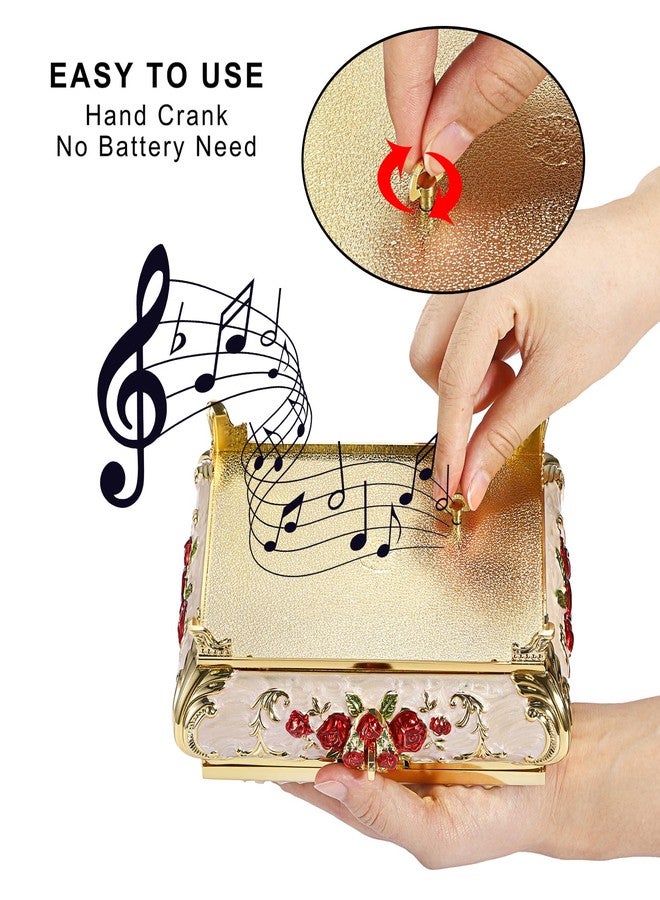 ELLDOO Vintage Music Box, Beige Metal Musical Jewelry Box Keepsake Box, Small Trinket Jewelry Storage Box Gift for Girl Women (Tune: You are My Sunshine), Red Rose Pattern, Large - Image 3