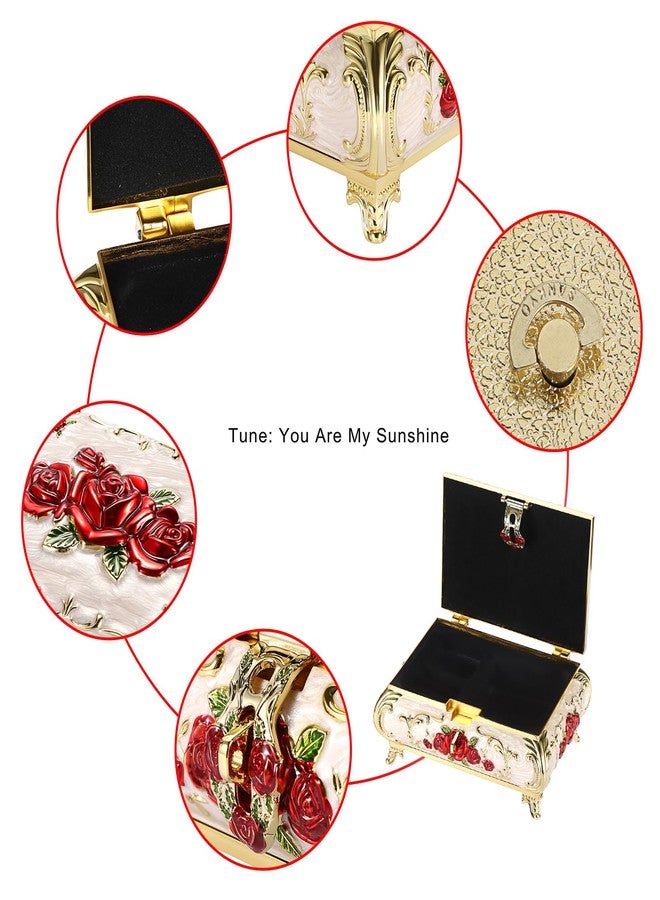ELLDOO Vintage Music Box, Beige Metal Musical Jewelry Box Keepsake Box, Small Trinket Jewelry Storage Box Gift for Girl Women (Tune: You are My Sunshine), Red Rose Pattern, Large - Image 4