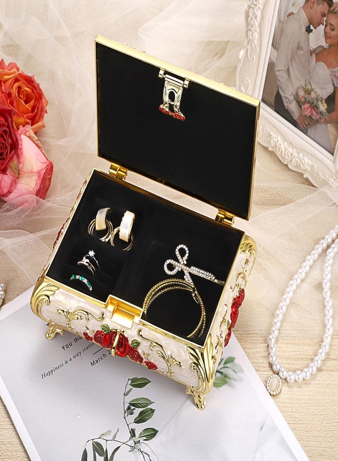 ELLDOO Vintage Music Box, Beige Metal Musical Jewelry Box Keepsake Box, Small Trinket Jewelry Storage Box Gift for Girl Women (Tune: You are My Sunshine), Red Rose Pattern, Large - Image 5