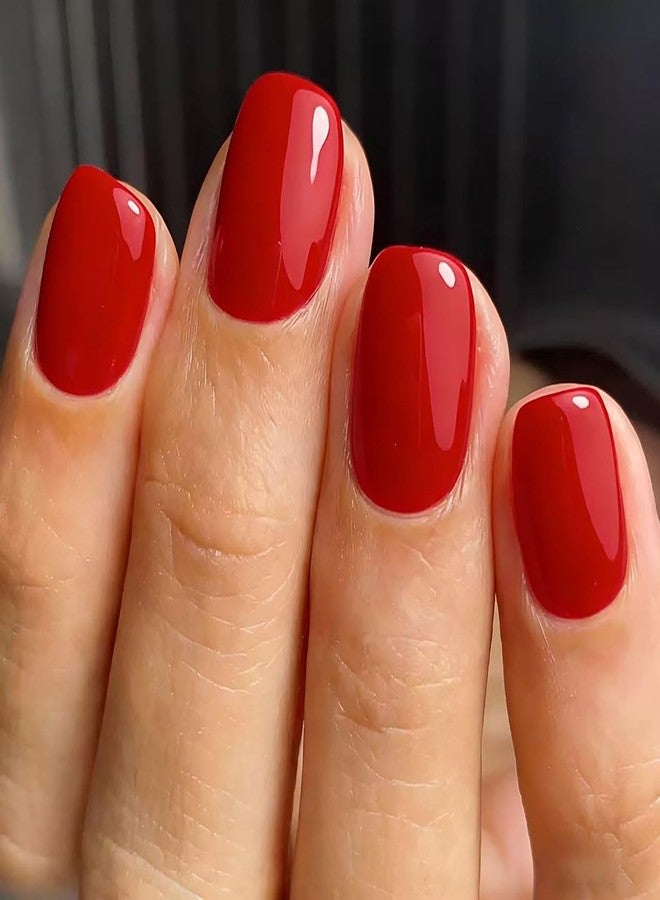 KKUUOO Press on Nails Short, Bright Red Solid Color Square Fake Nails 24Pcs 10 Sizes, Reusable Glossy Stick on Nails with Jelly Adhesive Tabs Manicure Tools for Daily Wear - Image 1