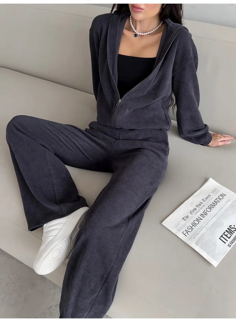 NIBEMINENT Solid Color Pant Sets Fashionable Comfortable Autumn Winter 2 Pieces Set For Woman Longsleeved Sweatshirt Wide-leg Trousers Suit - Image 1
