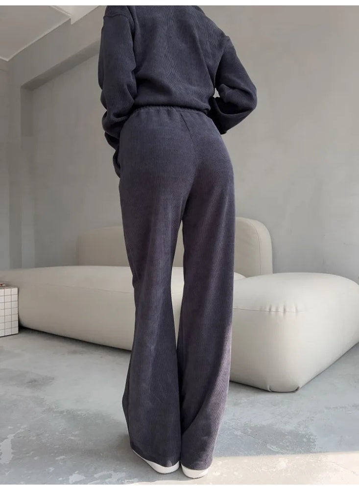 NIBEMINENT Solid Color Pant Sets Fashionable Comfortable Autumn Winter 2 Pieces Set For Woman Longsleeved Sweatshirt Wide-leg Trousers Suit - Image 3