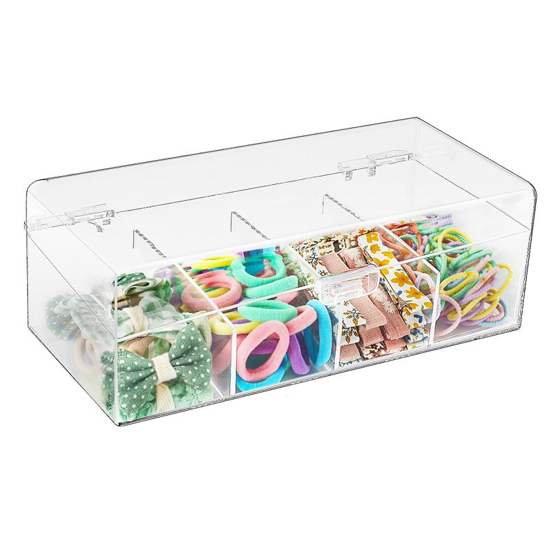 JessLab Hair Accessories Organizer for Girls, Acrylic Hair Bow Tie Clip Scrunchie Holder with Dividers, Clear Stackable Storage Box for Bathroom, Bedroom, Vanity Countertop, 4 Compartment - Image 1