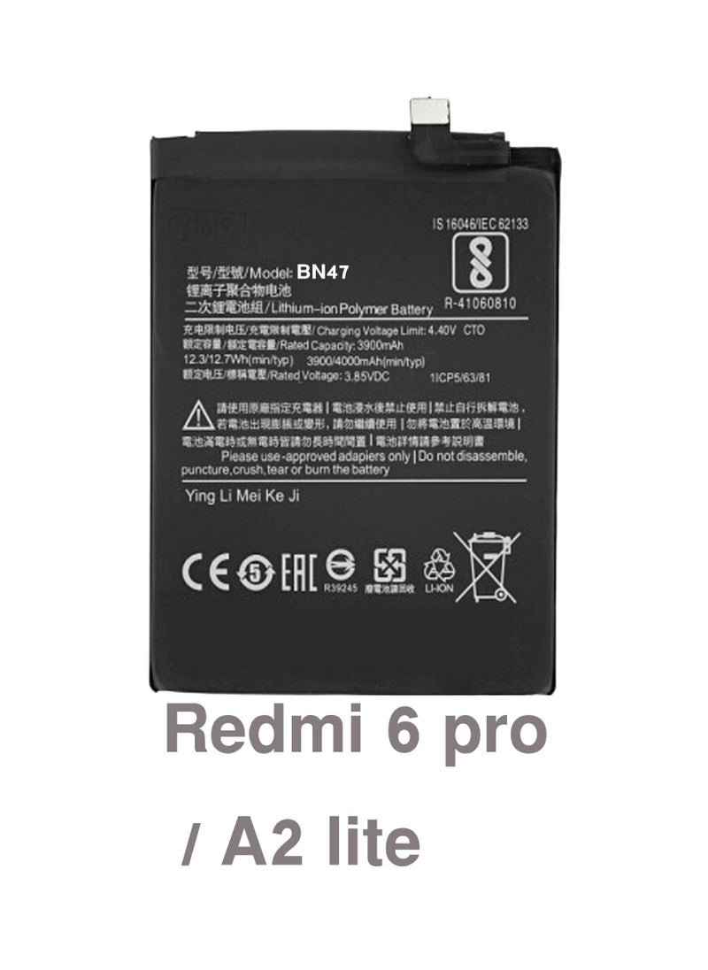 بطارية Xiaomi Redmi6 Pro Battery Redmi 6 pro Battery Mi A2 lite Battery Redmi A2 lite Battery Redmi BN47 BN 47 BN-47 Battery 3900mA