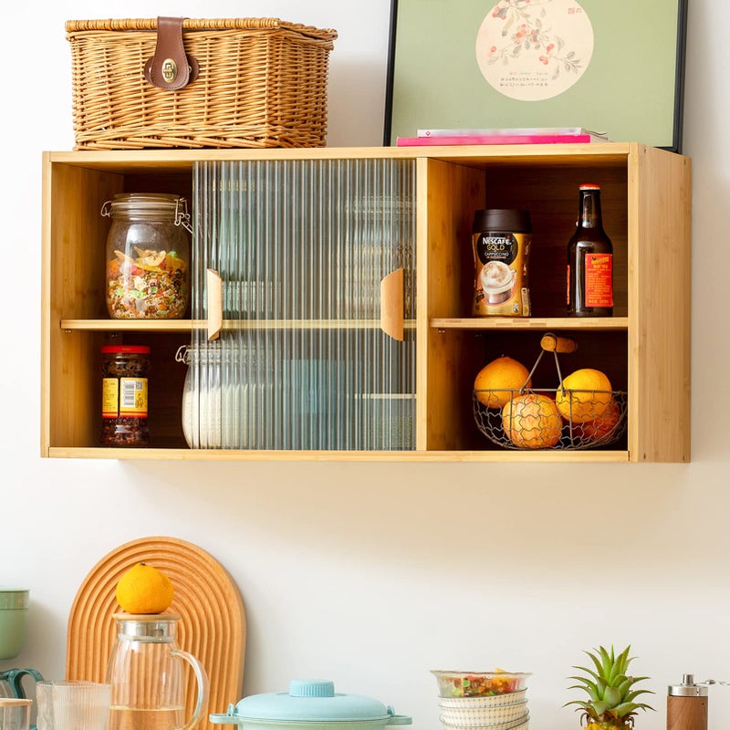 HollyHOME HollyHOME Bamboo Wall Mounted Kitchen Pantry Sideboard with 2 Doors and Adjustable Shelves Freestanding Wall Storage Cabinet with Shelf for Bottle Dish Bowl Console Dining Cupboard Burlywood 