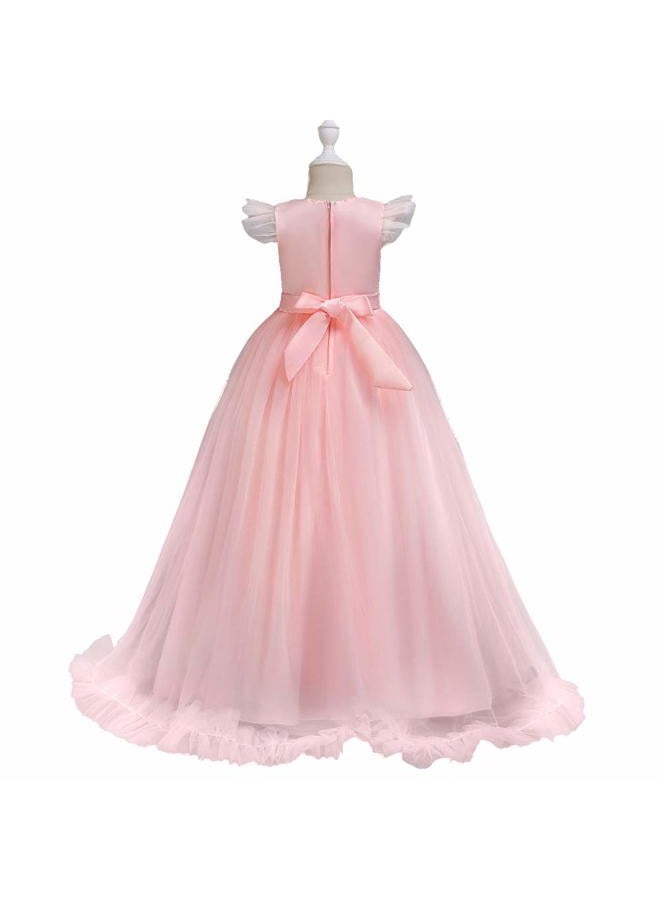 IWEMEK Big Little Girl Princess Embroidery Flower Lace Long A Line Pageant Dress Kids Floor Length Prom First Holy Communion Bowknot Dress Puffy Tulle Maxi Ball Gown for Wedding Party Birthday Pink 3-4 - Image 5