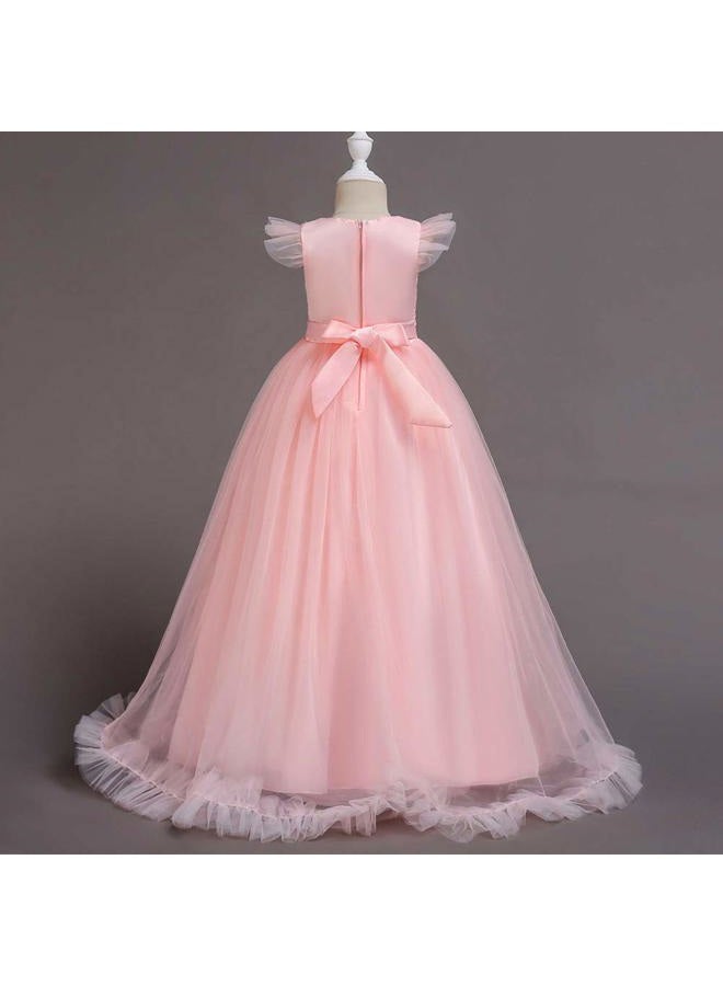 IWEMEK Big Little Girl Princess Embroidery Flower Lace Long A Line Pageant Dress Kids Floor Length Prom First Holy Communion Bowknot Dress Puffy Tulle Maxi Ball Gown for Wedding Party Birthday Pink 3-4 - Image 2
