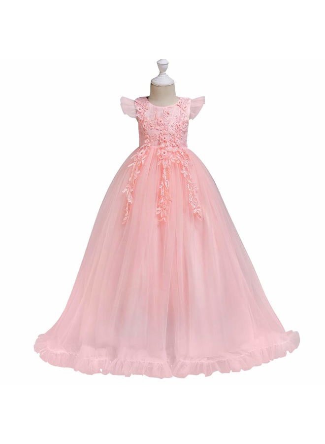 IWEMEK Big Little Girl Princess Embroidery Flower Lace Long A Line Pageant Dress Kids Floor Length Prom First Holy Communion Bowknot Dress Puffy Tulle Maxi Ball Gown for Wedding Party Birthday Pink 3-4 - Image 4