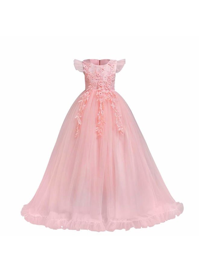 IWEMEK Big Little Girl Princess Embroidery Flower Lace Long A Line Pageant Dress Kids Floor Length Prom First Holy Communion Bowknot Dress Puffy Tulle Maxi Ball Gown for Wedding Party Birthday Pink 3-4 - Image 1