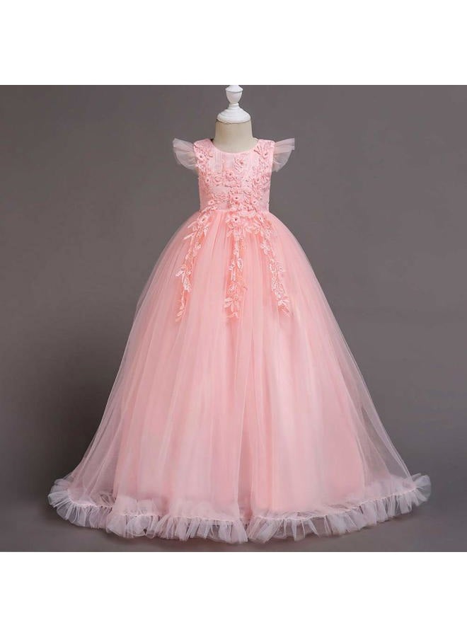 IWEMEK Big Little Girl Princess Embroidery Flower Lace Long A Line Pageant Dress Kids Floor Length Prom First Holy Communion Bowknot Dress Puffy Tulle Maxi Ball Gown for Wedding Party Birthday Pink 3-4 - Image 3