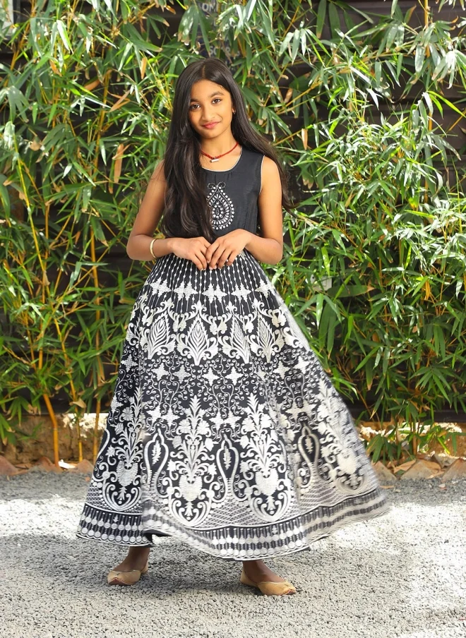 AKS Black Ethnic Motifs Print Fit & Flare Dress for Girls