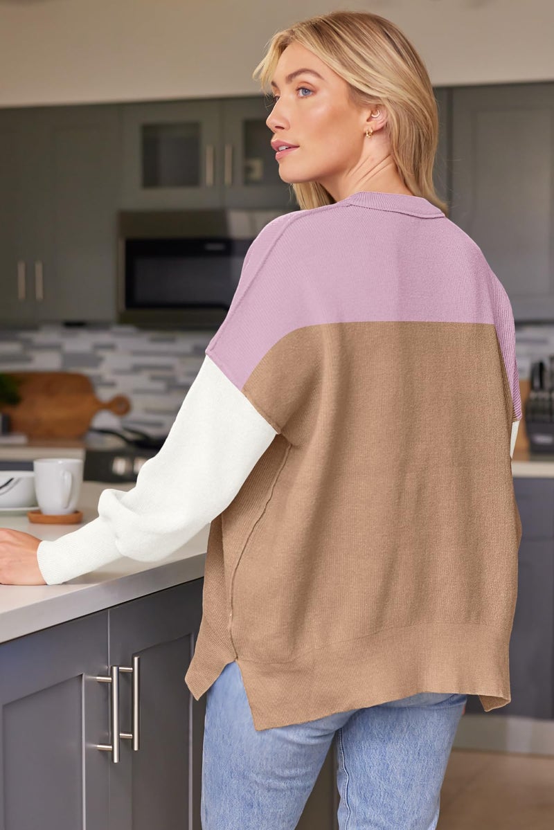 LILLUSORY Oversized Sweaters for Women 2025 Fall Fashion Outfits Trendy Crewneck Knit Cute Lightweight Sweater Pullover Tops Long Sleeve Shirts Winter Clothes ColorblockPink L - Image 2