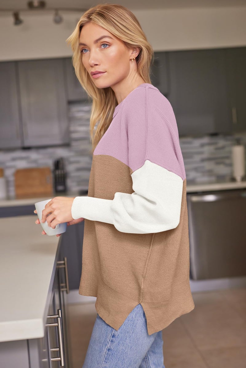 LILLUSORY Oversized Sweaters for Women 2025 Fall Fashion Outfits Trendy Crewneck Knit Cute Lightweight Sweater Pullover Tops Long Sleeve Shirts Winter Clothes ColorblockPink L - Image 3