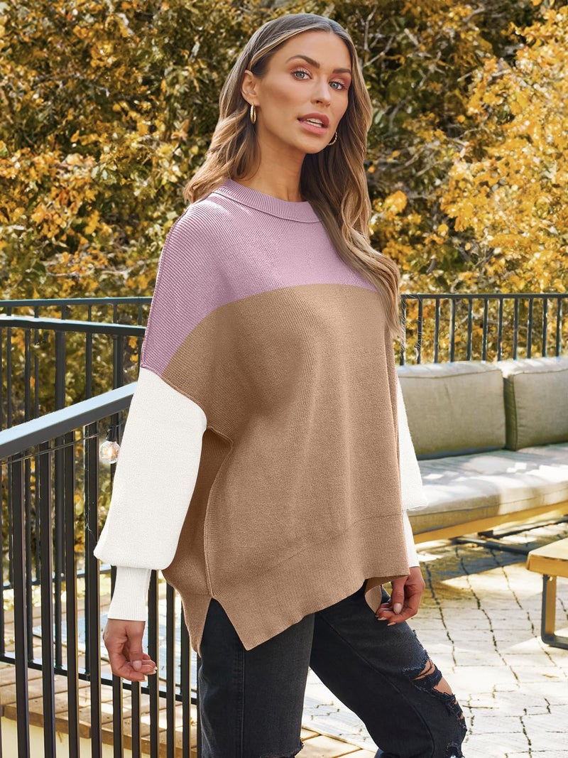 LILLUSORY Oversized Sweaters for Women 2025 Fall Fashion Outfits Trendy Crewneck Knit Cute Lightweight Sweater Pullover Tops Long Sleeve Shirts Winter Clothes ColorblockPink L - Image 5