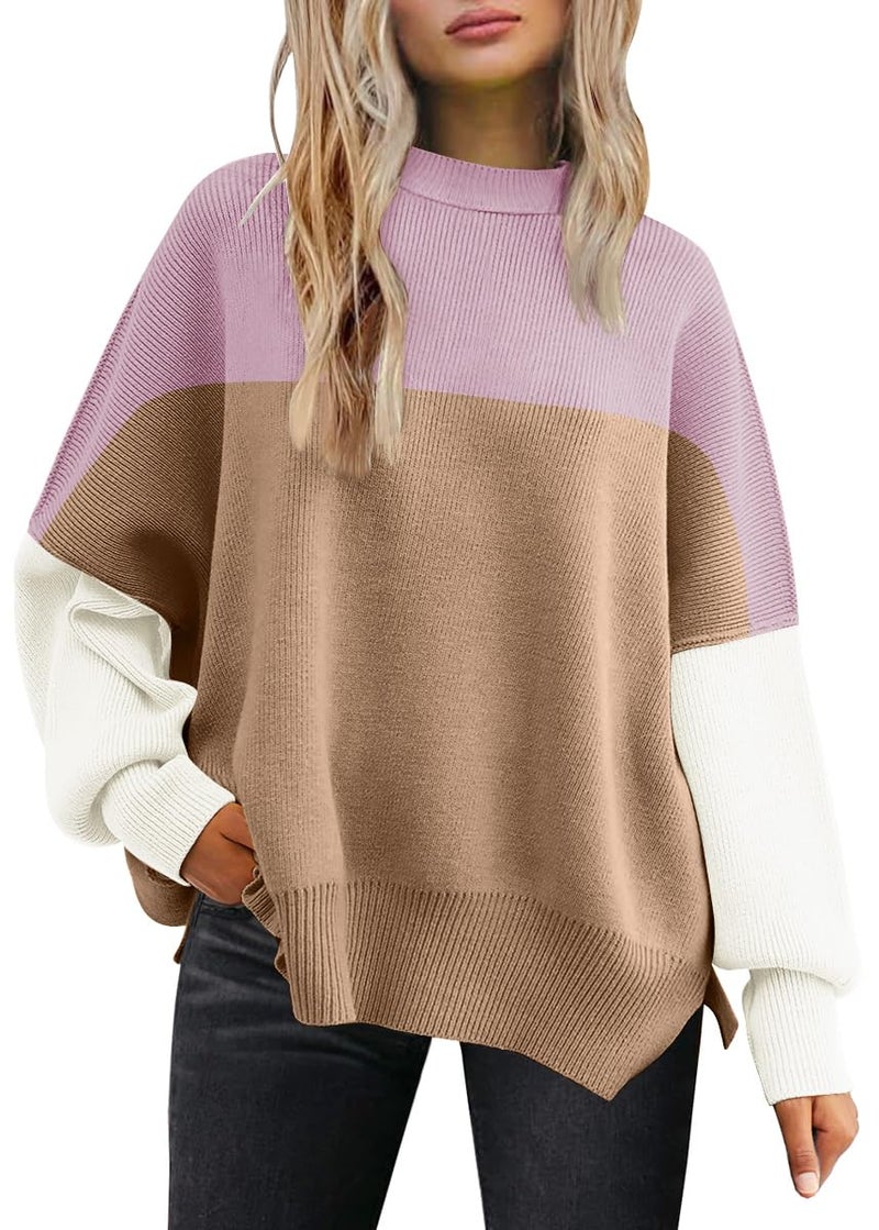 LILLUSORY Oversized Sweaters for Women 2025 Fall Fashion Outfits Trendy Crewneck Knit Cute Lightweight Sweater Pullover Tops Long Sleeve Shirts Winter Clothes ColorblockPink L - Image 1